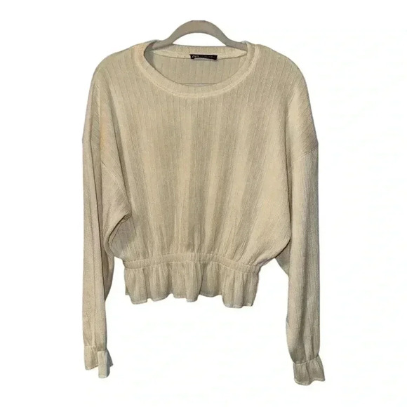 Zara Cream Ribbed Peplum Sweater, Small - Picture 1 of 5